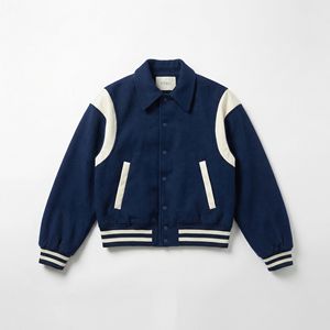 Chaqueta Varsity de Lana Azul Marino con Mangas de Cuero Crema |   Chaqueta Clásica Estilo Letterman |   Etiqueta Privada Personalizada OEM - Product Image 1