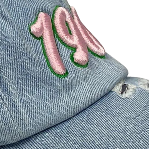 AKA 1908 <b>Light</b> Denim <b>Hat</b> Pink Embroidered Letter Baseball Cap Adjustable Washed Denim Headwear Casual Fashion Vintage Style Cap - Product Image 5