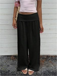 Women's High Waist Wide Leg <b>Pants</b> Solid Black Knitted Loose Fit Elastic Waist Full Length Casual <b>Summer</b> <b>Pants</b> - Product Image 2