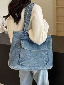 Bolsa de Mano Grande de Tela Vaquera de Algodón con Asas, Bolso de Hombro de Lona Azul, para Mujer, Uso Diario, Compras, Viajes, Playa - Product Image 6