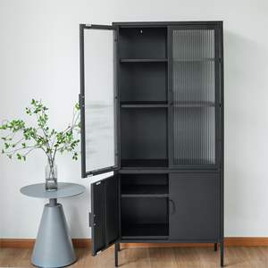 Élégant meuble de rangement en métal noir mat et verre avec étagères réglables - Product Image 2