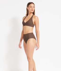 Women's <b>Brown</b> Ribbed Halter <b>Bikini</b> <b>Set</b> High Waist Solid Color Spandex Nylon Stretch Swimwear Regular Fit - Product Image 2