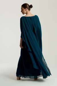 Vestido de noche de gasa color verde azulado con cuello corazón, manga larga, con cuentas, diseño cruzado, antiarrugas, sujetador incorporado, elegante, largo hasta el suelo, estilo tubo. - Product Image 6