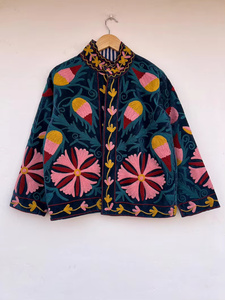 Velvet Suzani <b>Jacket</b> Hand Embroidered Boho Vintage Short Coat Free Size Ethnic Wear Multicolor Embroidery Artisan Wholesale - Product Image 2