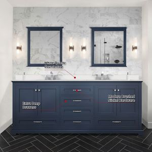 Bleu marine 80 pouces. W X 22 In. Meuble-lavabo double pour salle de bain avec dessus en quartz blanc - Product Image 6
