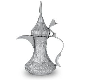 Minimalist silver <b>Arabic</b> Dallah pot accented with a sleek, ergonomic wooden handle look. Available at wholesale price. - Product Image 3