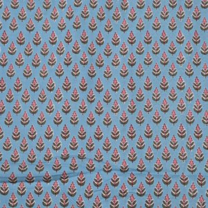 Tela de Algodón Ecológica Ignífuga con Estampado a Mano Estilo Kalamkari, Diseño de Hojas Azules Cielo Indias, Hecha a Mano para Prendas y Decoración del Hogar - Product Image 6