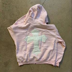 Sudadera con capucha personalizada de algodón grueso marrón con cremallera completa, parche de letras bordado en chenilla, estilo oversize, de felpa, para streetwear - Product Image 2