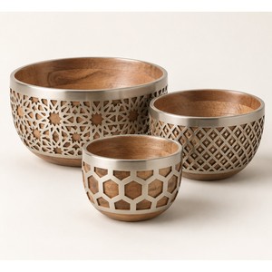 Cuencos Apilables Mashrabiya de Madera de Mango Hechos a Mano - Diseño Geométrico Islámico al por Mayor - Product Image 1