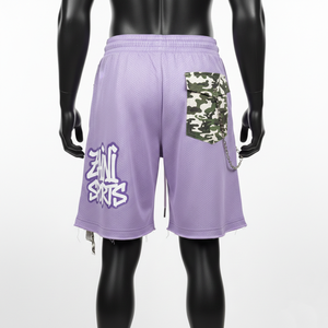 Short de bain en maille polyester premium lavande avec empiècements de poches cargo camouflage et logo personnalisé imprimé en sérigraphie – Short en maille pour homme - Product Image 2