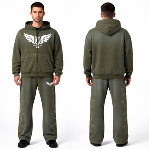Ensemble de survêtement personnalisé pour homme avec strass, effet délavé, comprenant un sweat à capuche zippé et un pantalon de jogging, style streetwear de luxe - Product Image 1