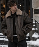 Blouson aviateur vintage surdimensionné en cuir pour homme, col en peau de mouton marron vieilli, veste d'hiver, fabricant OEM