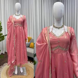 Traje Anarkali Rosa Bordado en Georgette Sintético con Salwar Kameez y Dupatta, Ropa de Fiesta y Boda para Mujer - Product Image 6
