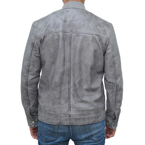 <b>Men's</b> Gray PU Bomber <b>Jacket</b> Stand Collar Zipper Closure Moto Biker Style Washed Finish Regular Fit For Sale - Product Image 6