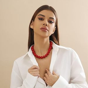 Collier pour femme vintage avec perles rouges, collier ras du cou à grosses perles, ajustable, bijoux tendance - Product Image 2