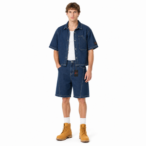 Men's Denim Short <b>Set</b> Button Up Shirt Matching Shorts Solid Color Breathable Cotton Casual Summer Wear Regular Fit Denim <b>Set</b> - Product Image 1