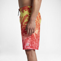 Shorts de bain pour hommes à imprimé palmiers tropicaux, motif feuilles, dégradé jaune et rouge, avec cordon de serrage à la taille