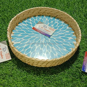 Bandeja redonda de ratán hecha a mano asequible con Incrustaciones de nácar, artesanía india Premium para el hogar, la cocina y la decoración de Ramadán - Product Image 1