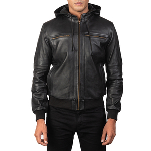 Men's Black Genuine Leather Waterproof Breathable Zip-Up Moto Style Casual Autumn Wear Bomber Jacket - Product Image 4