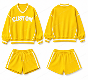 Women's Yellow 2-Piece V-Neck Sweatshirt Above-Knee Shorts <b>Set</b> Loose Fit <b>Knitted</b> Cotton Casual Quick Dry Eco-Friendly Breathable - Product Image 5