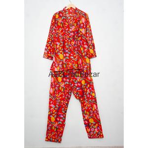 Conjunto de Pijama de 2 Piezas para Mujer, Hecho a Mano, de Lujo, Vintage, Floral, Otoñal, 100% Algodón, Suave y Liso, Top y Pantalones para Dormir - Product Image 1