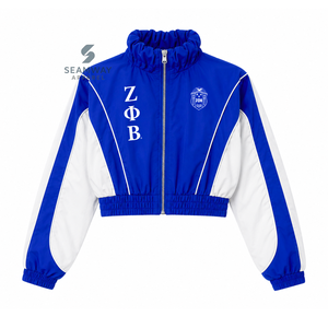 ชุดวินด์เบรกเกอร์ไนลอนสีน้ำเงินและสีขาว Zeta Phi Beta สำหรับผู้หญิง ชุดแจ็คเก็ตปักลายสีตัดต่อ กางเกงจ็อกเกอร์ขายาวทรงกว้าง ชุดกีฬา - Product Image 2