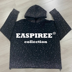 <b>Black</b> Rhinestone Hoodie <b>Men</b> Oversized Zip-Up Front Letter Design Hip Hop Style Cotton Knitted Sweatshirt Autumn Wear - Product Image 1