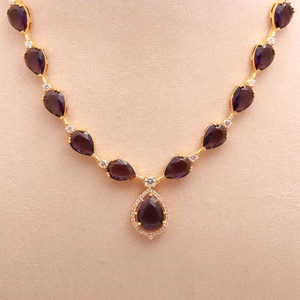 Conjunto de Collar con Forma de Lágrima, Chapado en Oro de 22K, Latón, Forma de Pera, con Diamantes de Imitación CZ, Piedra de Amatista Morada, Conjunto de Joyería para Bodas y Fiestas - Product Image 3