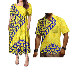 Conjuntos a juego con estampado de hoja de monstera para la familia, camisa hawaiana polinesiana para hombre, conjunto Puletasi para parejas - Product Image 2