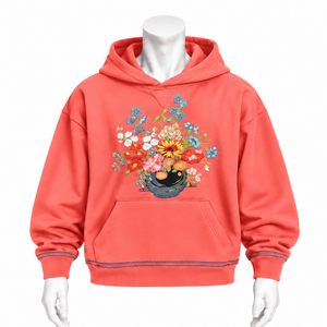 Sweat-shirt à capuche motif bouquet de fleurs corail, broderie florale vibrante, poche kangourou, coupe ample, style décontracté, streetwear - Product Image 1