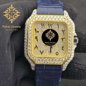 นาฬิกาข้อมือทองคำทรงสี่เหลี่ยมหรูหราจาก Pahal Jewels พร้อมกรอบประดับเพชรและสายหนังสีน้ำเงิน ระบบอนาล็อก ควอตซ์ แสดงวันที่ สำหรับทั้งชายและหญิง - Product Image 5