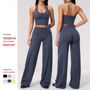 Ensemble de yoga 2 pièces pour femme : haut court dos nu et pantalon taille haute à jambes larges, motif écossais, extensible dans les quatre sens en Spandex/Nylon sans coutures - Product Image 4