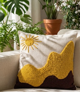 Artistic Tufted Landscape <b>Cushion</b> Cover Featuring Sun and Mountain Motif - Product Image 4