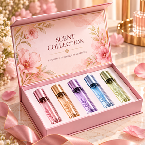 Exclusive Fragrance Sample Set 6pc Colorful Glass Bottles Magnetic Closure <b>Pink</b> Floral Box Gold Foil Logo Rigid Cosmetic Gift - Product Image 3