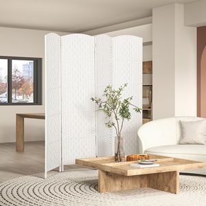 Paravento Pieghevole a 4 Pannelli, Divisorio per Stanza Alto 1,8 m, Parete Divisoria Portatile Intrecciata per Camera da Letto, Design Tradizionale in Legno Bianco - Product Image 2