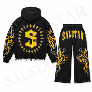 Men's Black <b>Gothic</b> Tracksuit Set Custom Streetwear <b>Hoodie</b> & Jogger Pants Rhinestone Embroidered Designer Tracksuit - Product Image 5