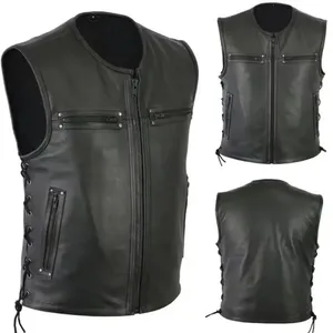 Gilet sans manches en cuir véritable pour homme, col en V, fermeture éclair sur le devant, style motard, couleur unie, automne - Product Image 6