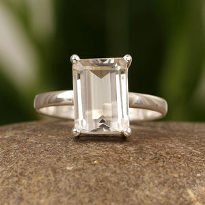 Anillo de punta de cuarzo de cristal transparente de corte esmeralda genuino 10x12mm forma rectangular 925 plata esterlina delicada declaración joyería de boda - Product Image 1