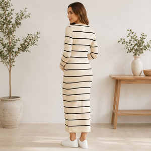 Robe de maternité rayée en maille à manches longues, col rond, longueur cheville, style fourreau, respirante, en coton et élasthanne, pull-over - Product Image 2