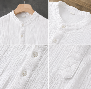 Men's Linen Cotton Short Sleeve Stand <b>Collar</b> <b>T</b>-<b>Shirt</b> Loose Fit Casual Solid Color Breathable Woven Fabric - Product Image 3