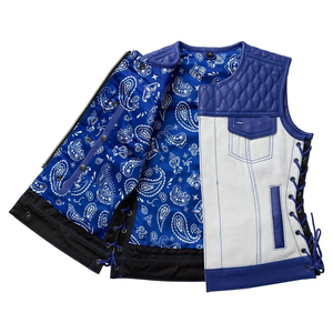 <b>Men's</b> Blue And <b>White</b> Leather Moto Biker <b>Vest</b> With Side Lacing And Pockets O-Neck Regular Length Outer Wear - Product Image 4