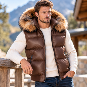 <b>Men's</b> Genuine Leather Breathable Windproof Puffer <b>Vest</b> with Fox Fur Hood | Winter Jacket for <b>Men</b> - Product Image 1