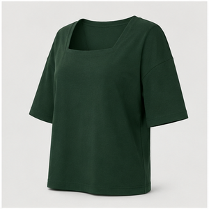Womens Forest Green <b>Square</b> Neck Elbow Sleeve Boxy Fit <b>T</b> Shirt WTS-0026 - Product Image 4