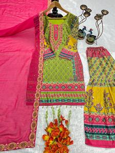 Heavy Embroidered Pakistani Style Butterfly Silk Adult Sharara Suit Hand Aari & Gota Patti Work Party Wear Traditional Style - Product Image 4
