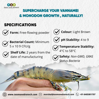 Probiotique pour l'aquaculture de crevettes Vannamei, poudre libre brun clair, non-OGM, 5x10^9 UFC/g, pH 4-9, température 4-58°C