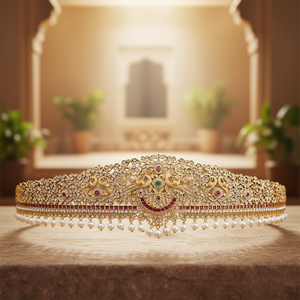 Peacock Style Ottiyanam with American Diamonds and Pearl Hangings - Product Image 3