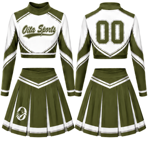 Olive Green White Sublimated Cheer <b>Long</b> Sleeve Uniform Set <b>Pleated</b> <b>Skirt</b> Athletic Team Sportswear Training Practice Performance - Product Image 1
