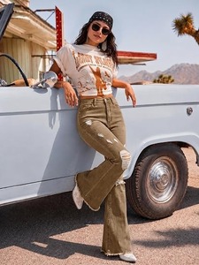 Jean bootcut vintage tendance pour femme, décontracté, rétro, en coton, taille mi-haute, longueur genou - Product Image 1