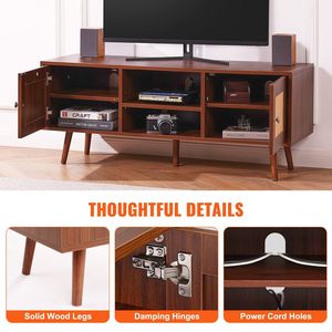 Boho 55 pollici TV Stand metà secolo moderno Rattan TV Cabinet con scaffale regolabile in noce per soggiorno e sala multimediale - Product Image 5