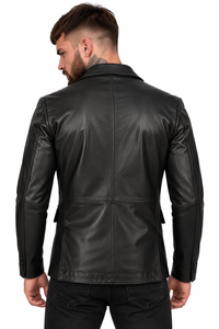 Blazer de Cuero Genuino Negro de Lujo para Hombre de BOOMLET CORPORATION, Chaqueta de Traje Clásica con Solapa de Muesca y Cierre de Tres Botones, Corte Entallado - Product Image 5